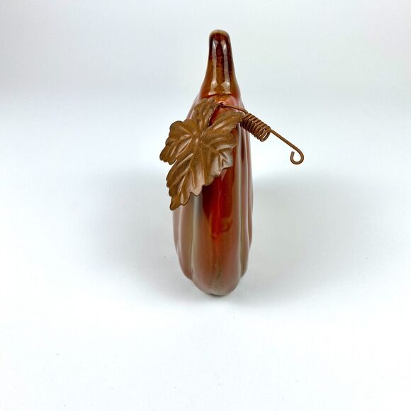 Ceramic Pumpkin with Metal Leaf Fun Festive Home Decoration Shelf Sitter 5.25" - Picture 10 of 12